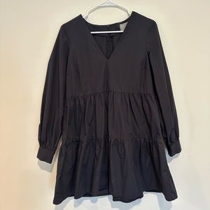 Asos black mini dress long sleeve v neck a line tier flowy